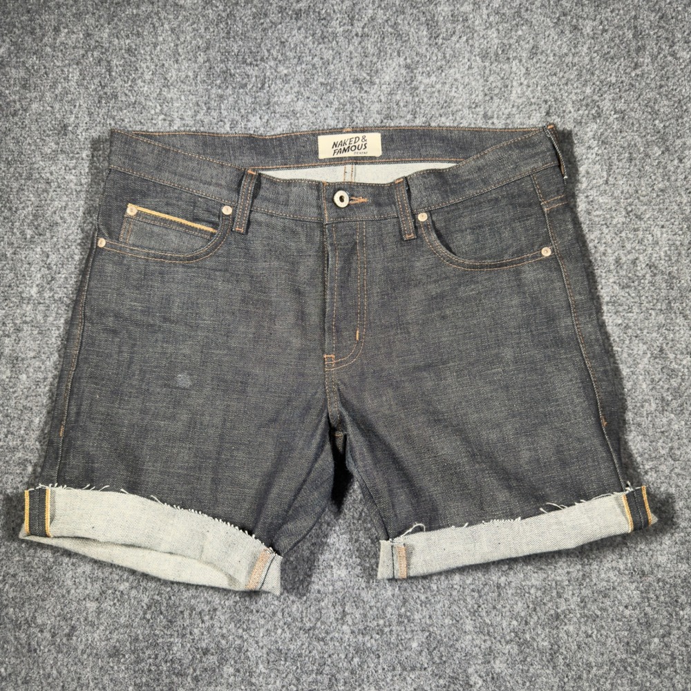 Naked & Famous Selvedge Super Guy Cut-Off Denim Shorts Mens 34 Indigo Raw Hem